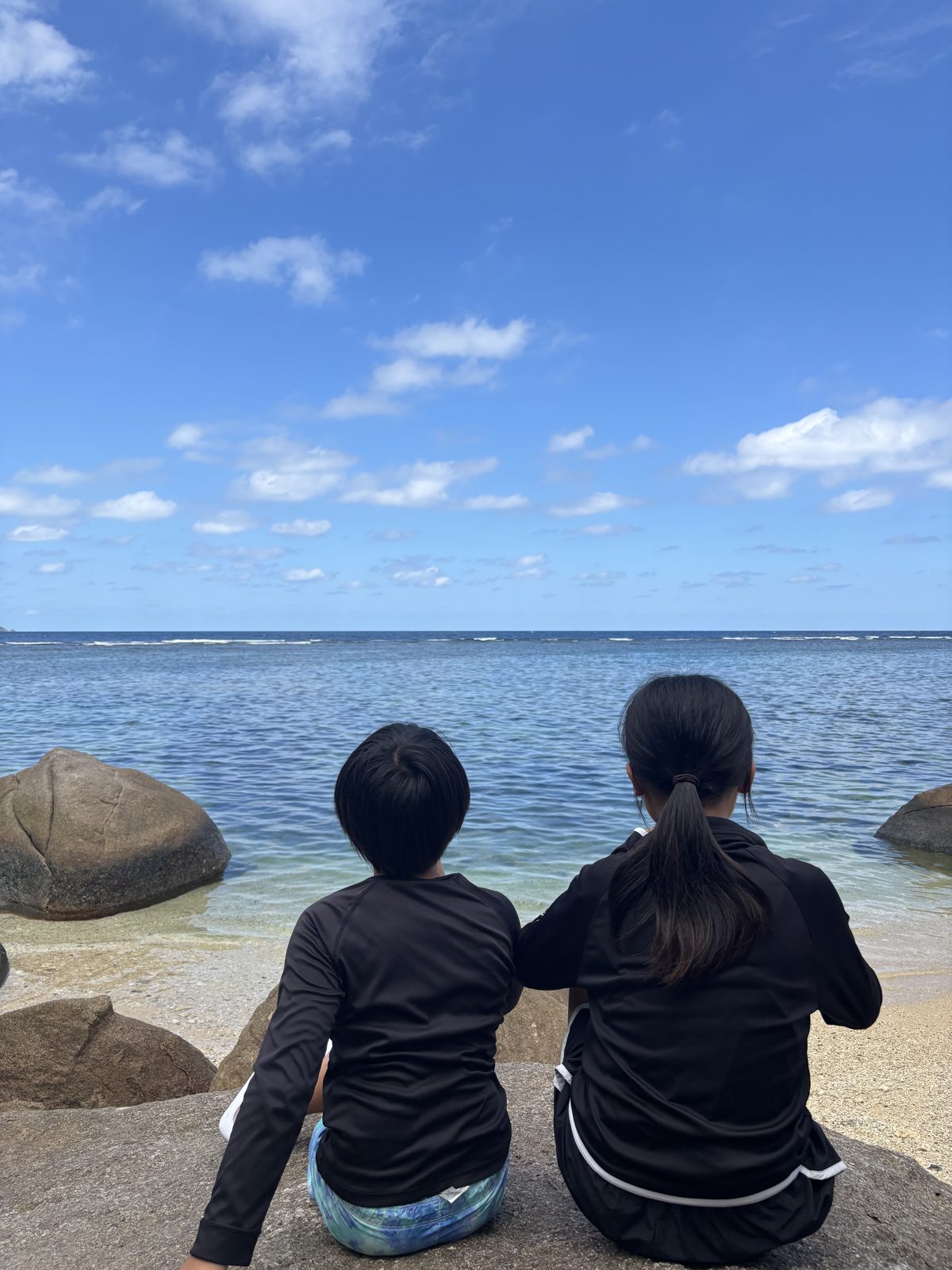 岩にすわって米原海岸の海を眺める、子ども2人のうしろ姿