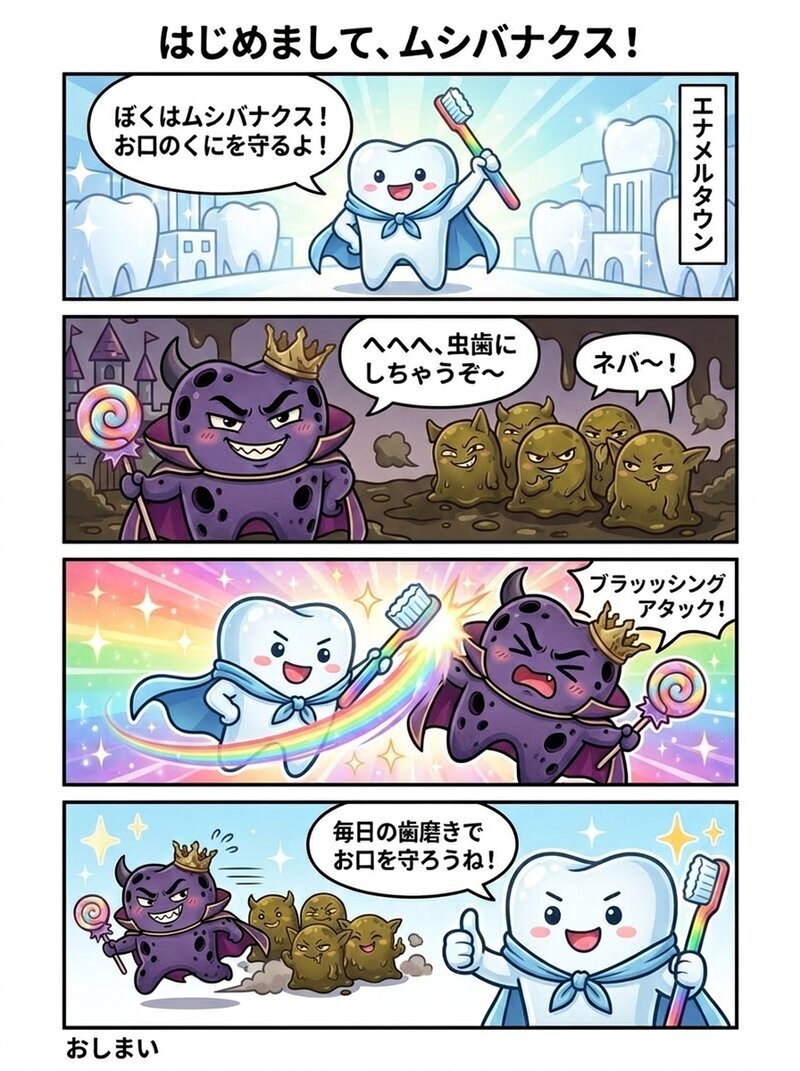 お口のくに 4コマ漫画「はじめまして、ムシバナクス！」