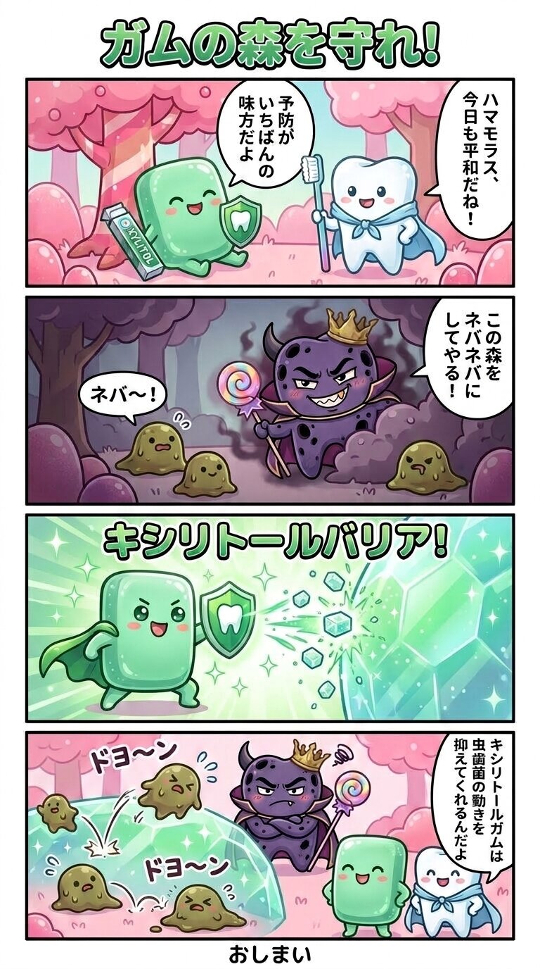 お口のくに 4コマ漫画「ガムの森を守れ！」