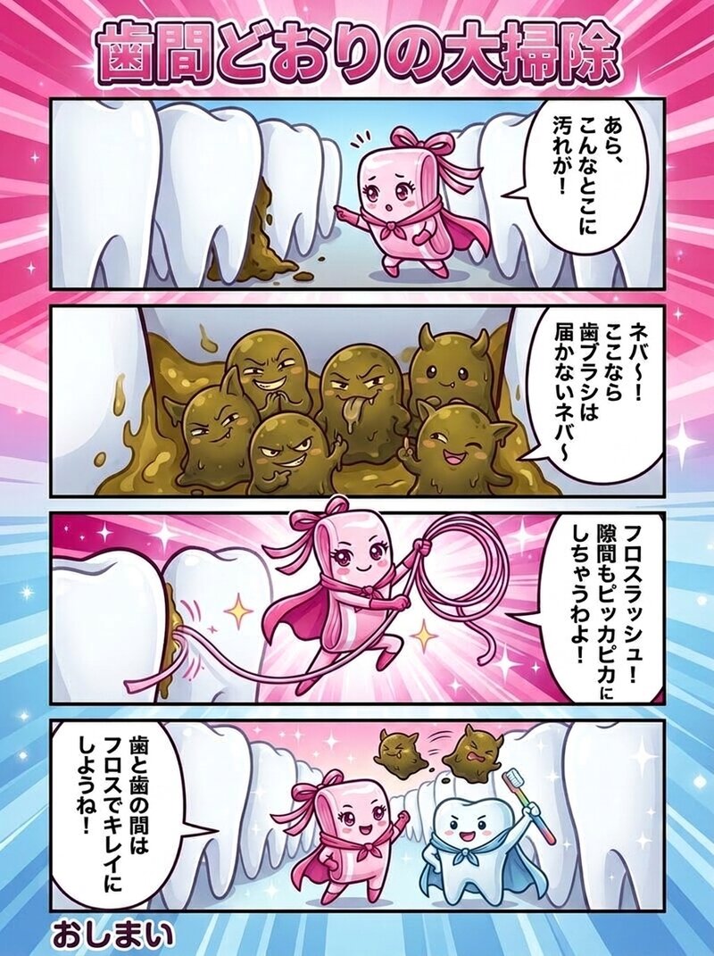 お口のくに 4コマ漫画「歯間どおりの大掃除」