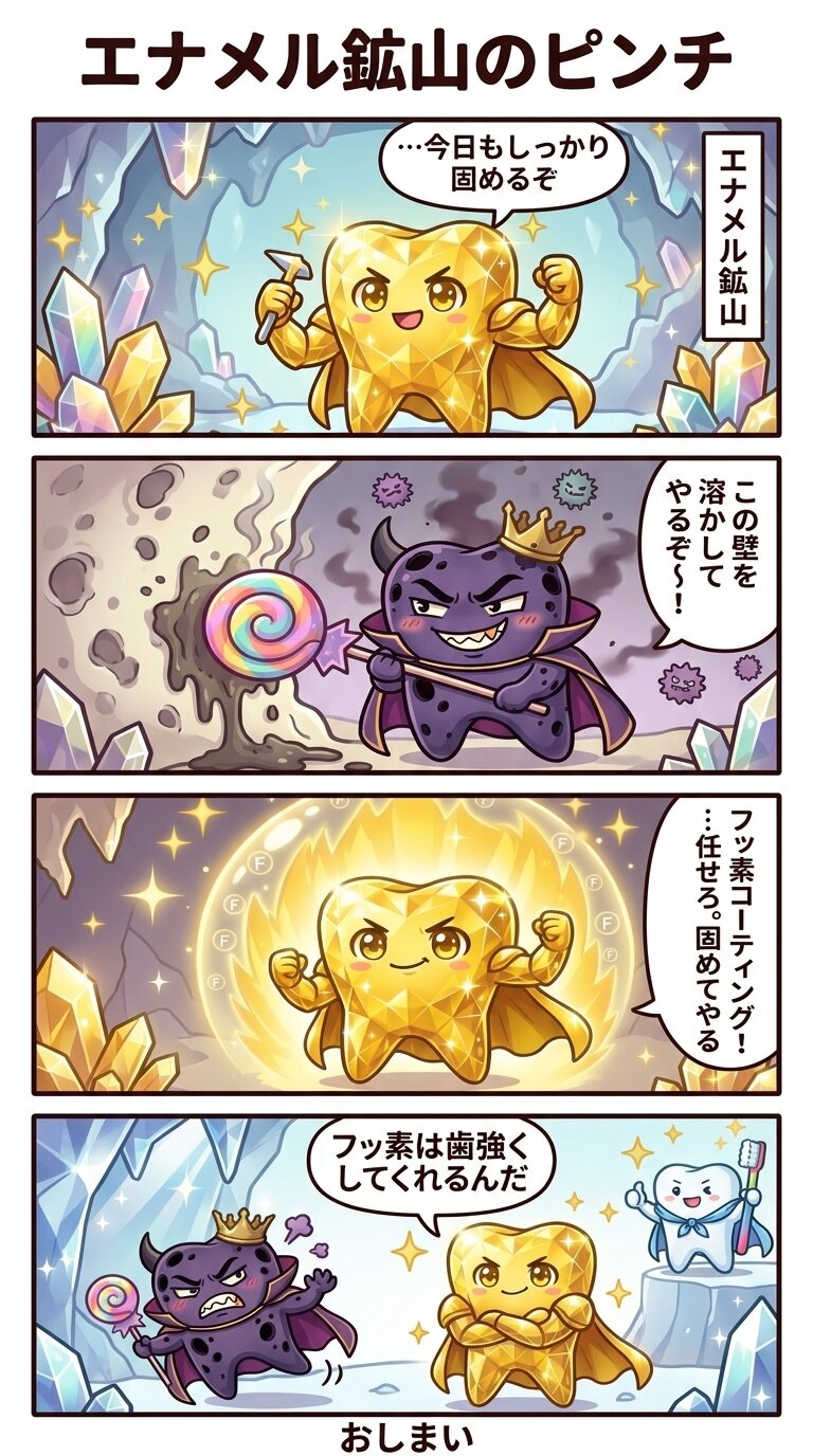 お口のくに 4コマ漫画「エナメル鉱山のピンチ」