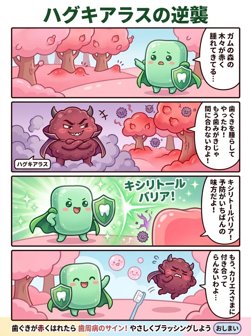 お口のくに 4コマ漫画「ハグキアラスの逆襲」